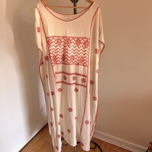 Beautiful long summer caftan Indian cotton, cream with orange embroidery OS.